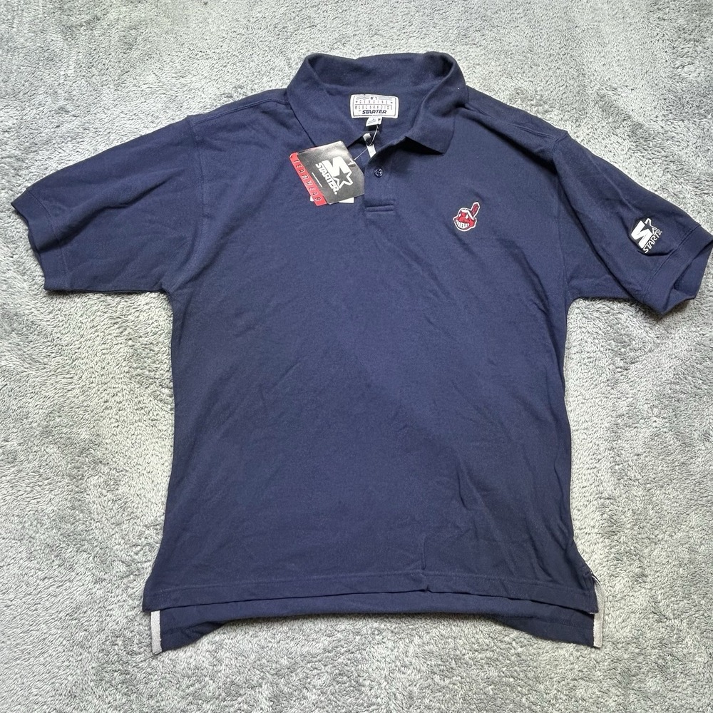 Vintage Starter Cleveland Indians Polo Shirt Mens M Blue 1990's MLB Baseball NEW